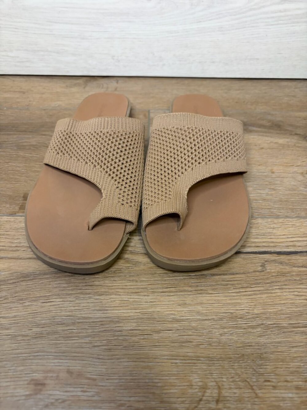 Style & Co Mayyze Taupe Knit Asymmetrical Toe Loop Slide Sandals 7